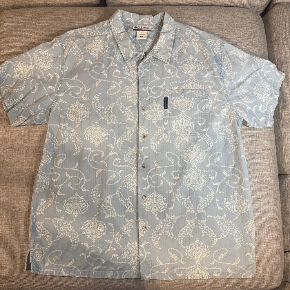 Columbia Mens Large Floral Damask Shirt Blue White Short Sleeve Button Up